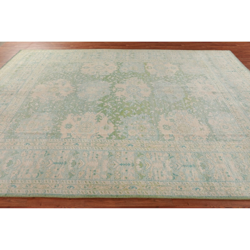 Hand Knotted Oriental 100% Wool Carpet Transitional All-Over Green Oushak Area Rug - 11' 10'' X 9' 0''
