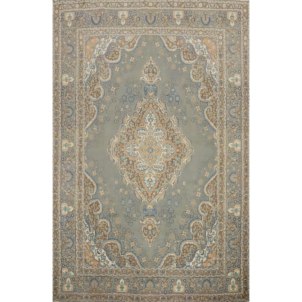 Hand Knotted Oriental 100% Wool Carpet Traditional Floral Greys & Charcoal Tabriz Area Rug - 12' 10'' X 9' 7''