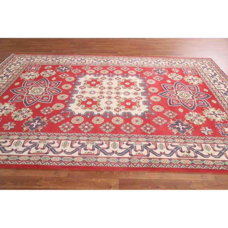 Hand Knotted Oriental 100% Wool Carpet Traditional Geometric Red Kazak Area Rug - 9' 8'' X 6' 6''