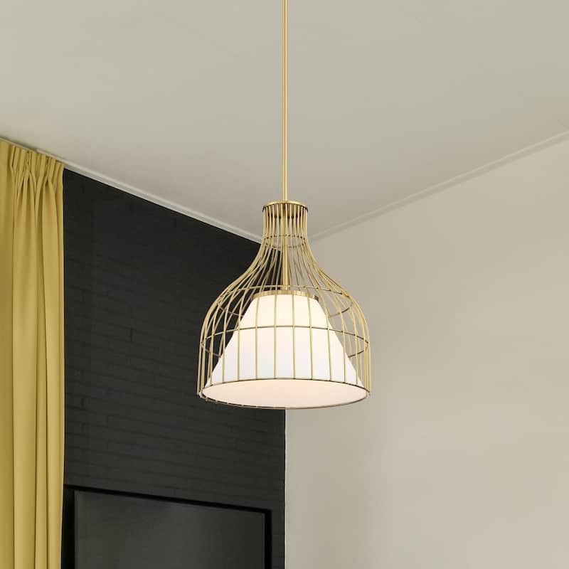 Evensong 60 Watt 1-Light Brushed Gold Bell Pendant with Etched Opal Glass Shade and Metal Outer Cage - 18.75