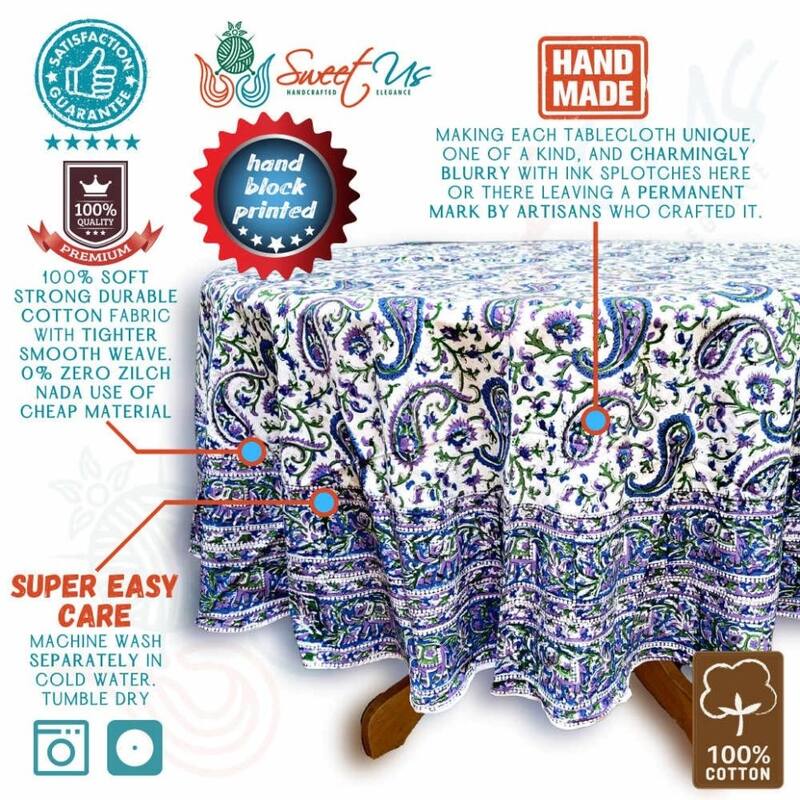 Block Print Tablecloth Round, Floral Paisley Elephants, White - Paisley Elephant, Red Blue Tan