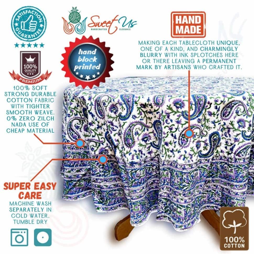 Block Print Tablecloth Round, Floral Paisley Elephants, White - Paisley Elephant, Red Blue Tan