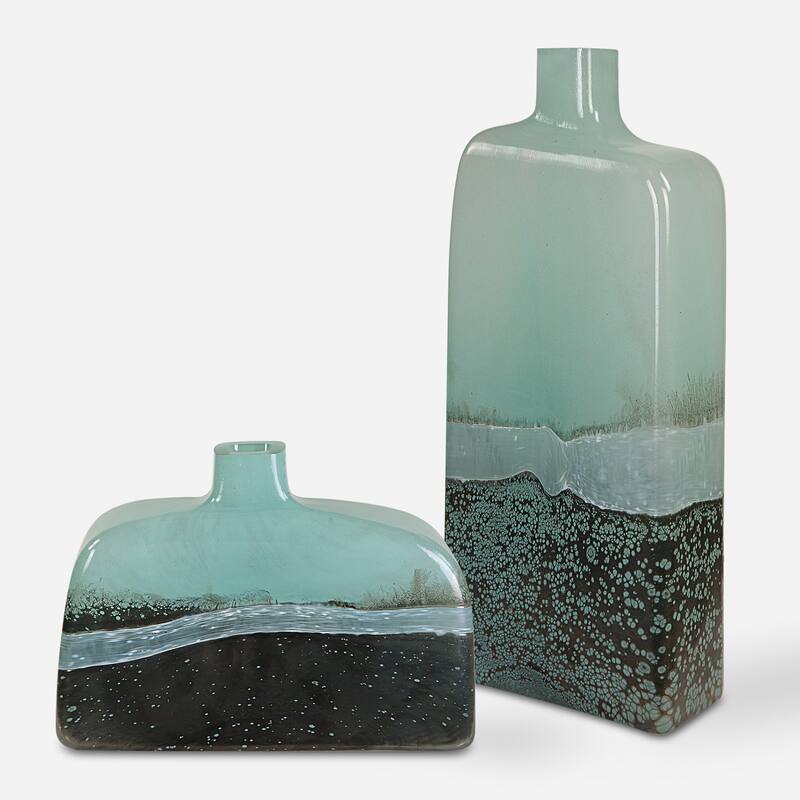 Two-Toned Glass Vases - 14" - Aqua and Black - Set of 2