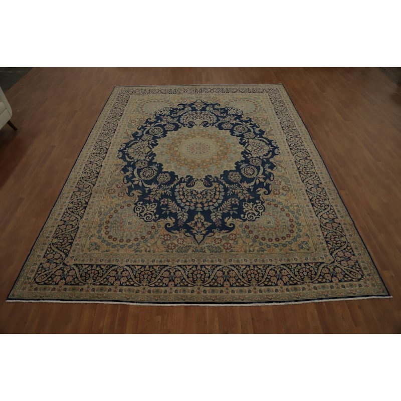 Hand Knotted Oriental 100% Wool Carpet Traditional Floral Navy Blue & Blues Kerman Area Rug - 13' 4'' X 10' 0''