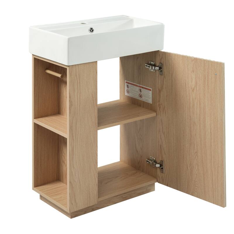 21.6"Bathroom Vanity With Ceramic Sink, Freestanding Modern Right Door Wood Grain Cabinet With Open And Closed Storage