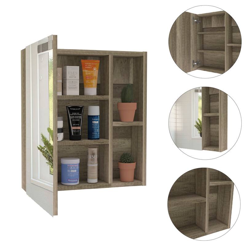 Medicine Cabinet - 17.7" W, 19" H, Mirror Door, 3 Interior Shelves, 2 Open Shelves, Wall-Mounted Storage
