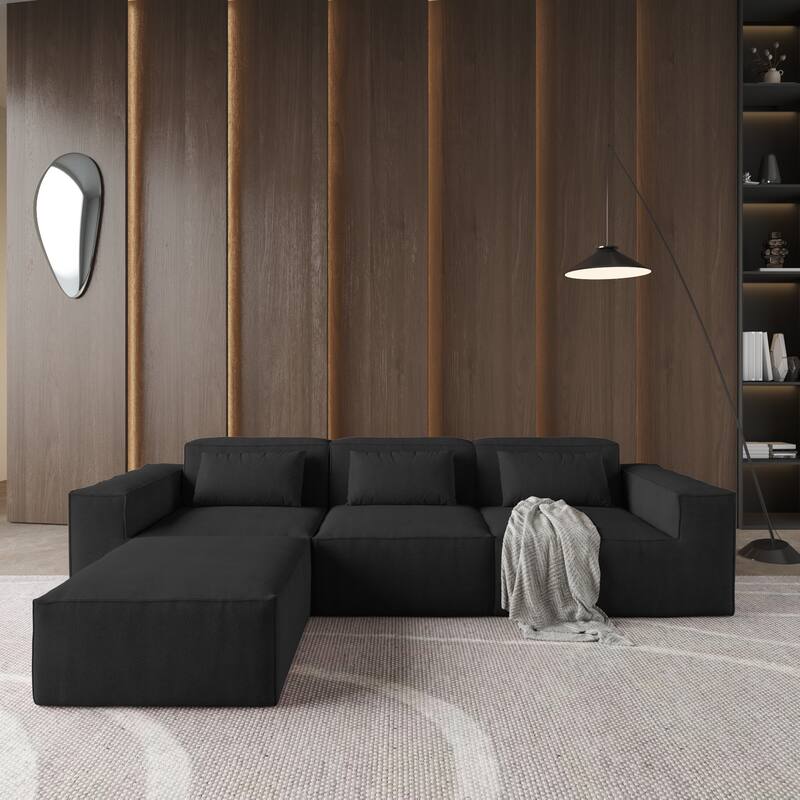 L-Shaped Cloud Sectional Couch, 118" Huge Plus Modular Corduroy Couches with Reversible Chaise Ottoman - Black