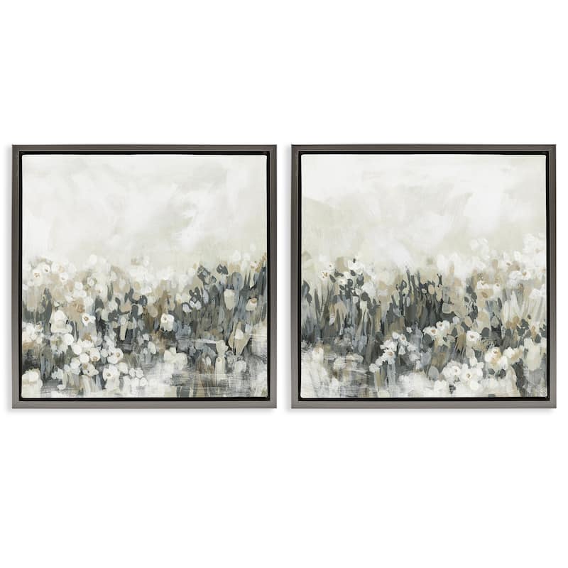 Stupell Brushed Flower Meadow Impressions Framed Floater Canvas Wall Art Design By June Erica Vess (Set of 2) - 18 x 18 - Grey