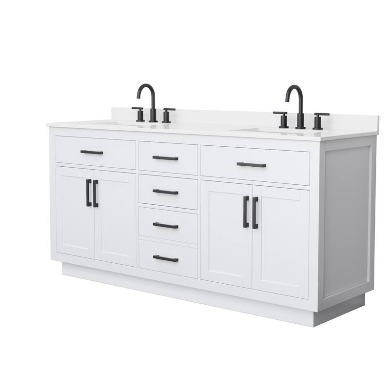 Beckett TK 72-inch Double Vanity, 3 Hole Quartz Top - White, Black Trim, White Quartz Top