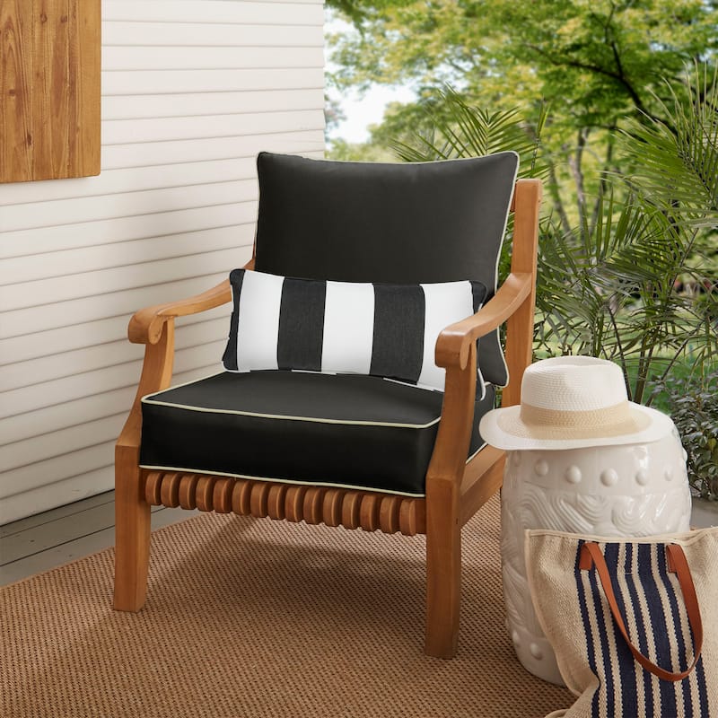 Oakley Sunbrella Solid Indoor/ Outdoor Corded Pillow and Chair Cushion Set - 25 in x 25 in x 5 in Pillow Cushion Set w/Lumbar - Canvas Natural+Cabana Classic