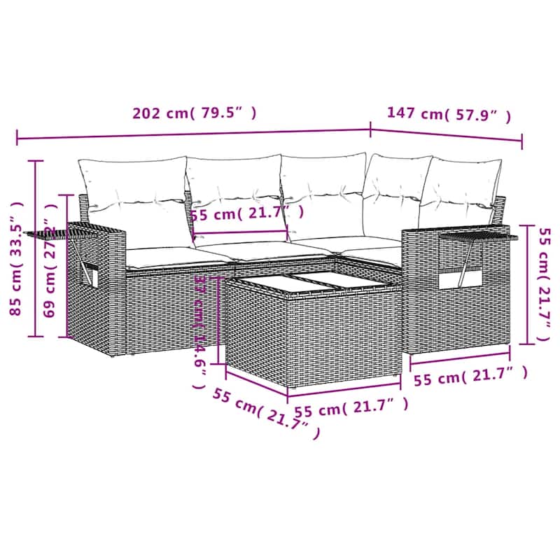 vidaXL Patio Sofa Set with Cushions Outdoor Conversation Furniture Poly Rattan - 24.4 x 24.4 x 27.2
