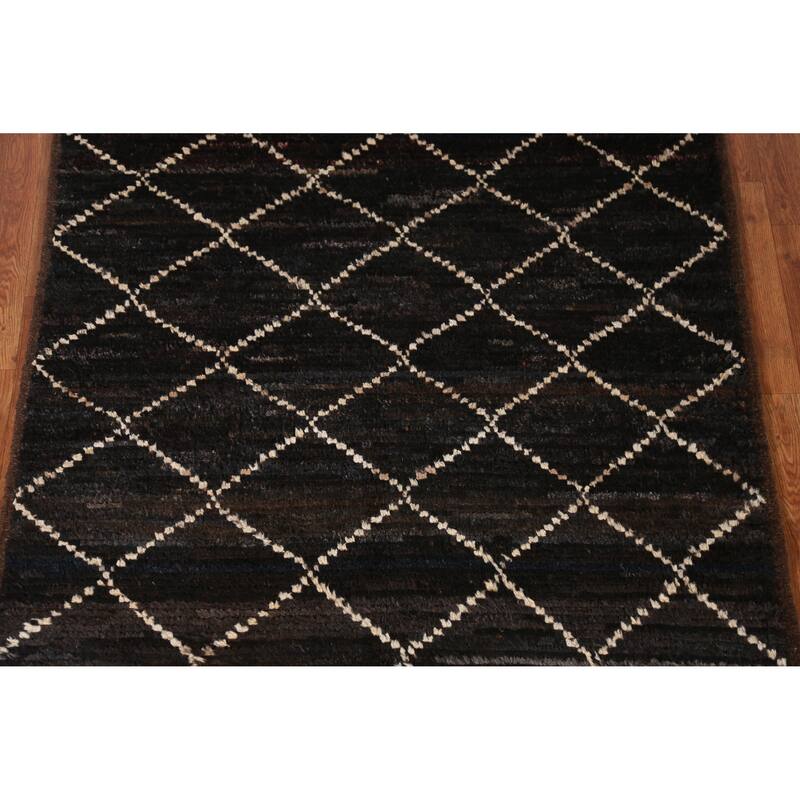 Black Trellis Moroccan Oriental Rug Handmade Wool Carpet - 4'1" x 6'1"