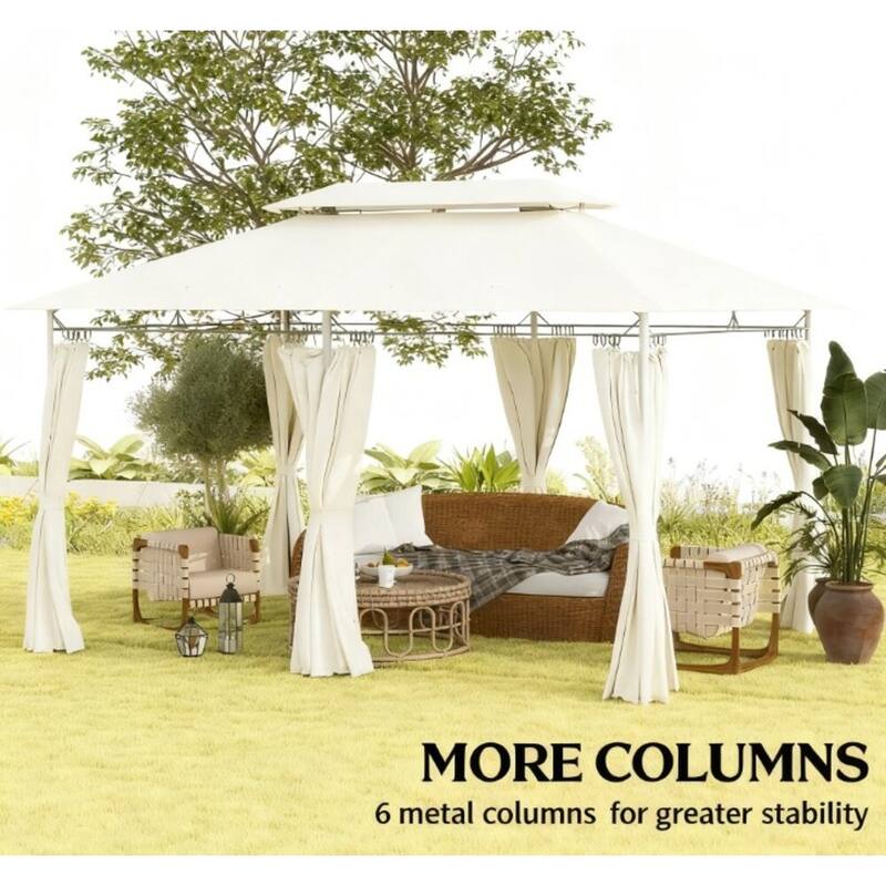 GDFStudio Outdoor Thalor Two-Tier Metal Gazebo with Curtains and Drainage