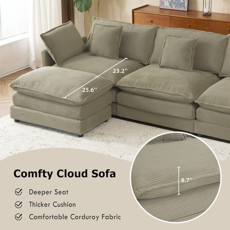 112.6" Corduroy L-Shaped Sectional Sofa with Ottoman and Storage Pockets