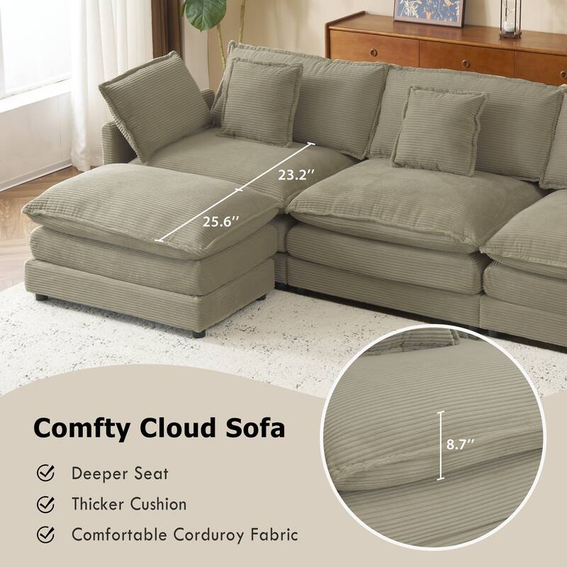 Modern Modular Sectional Sofa with Movable Ottoman and Deep Cushions and Storage Pockets for Small Space Living Room