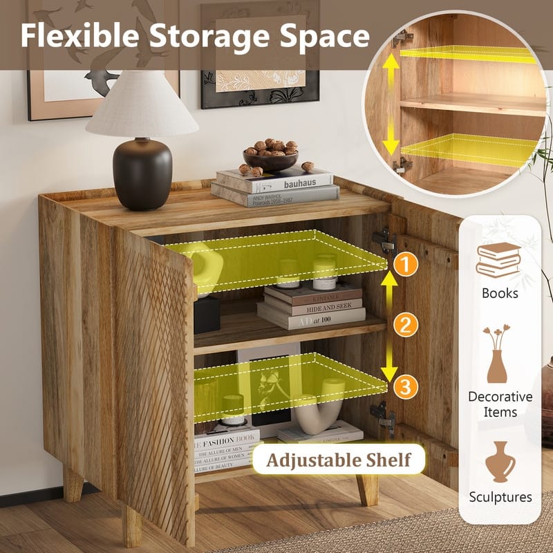 Wood Accent Cabinet with Storage, Rustic Mango Wood Storage Cabinet with Fluted Design and Adjustable Shelf