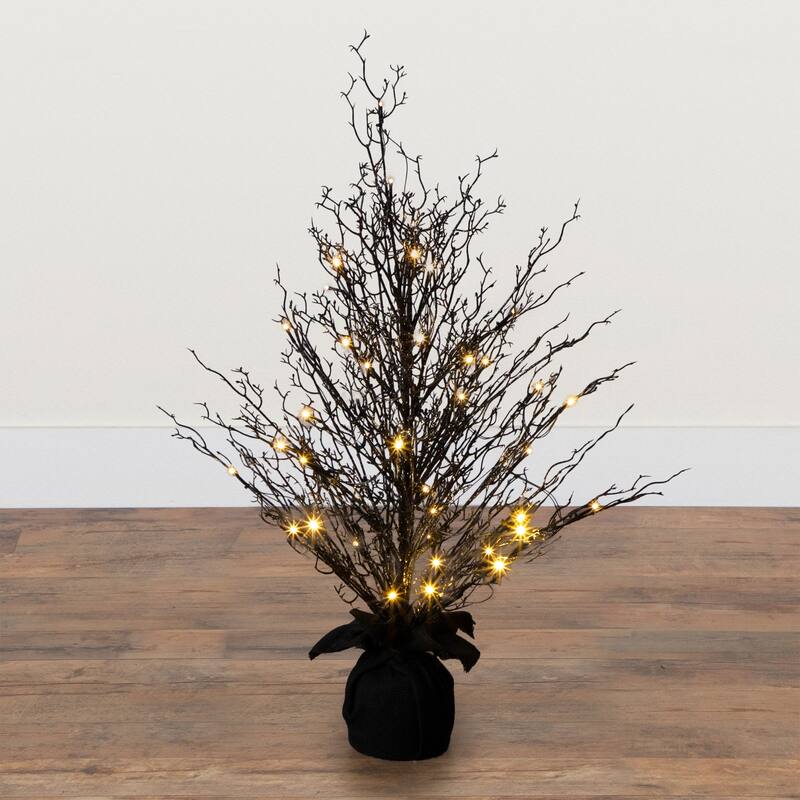 LED Lighted Black Artificial Twig Halloween Tree with Burlap Base - 3' - Warm White - 3-to-6-feet
