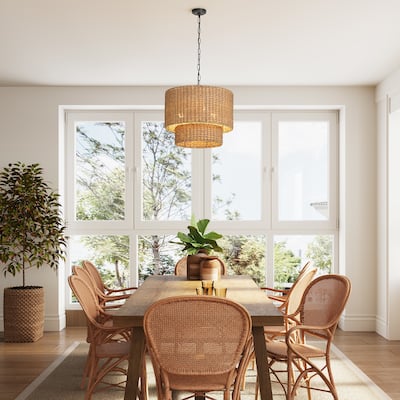 3-Light Hand-Woven Rattan Pendant Light with Adjustable Height