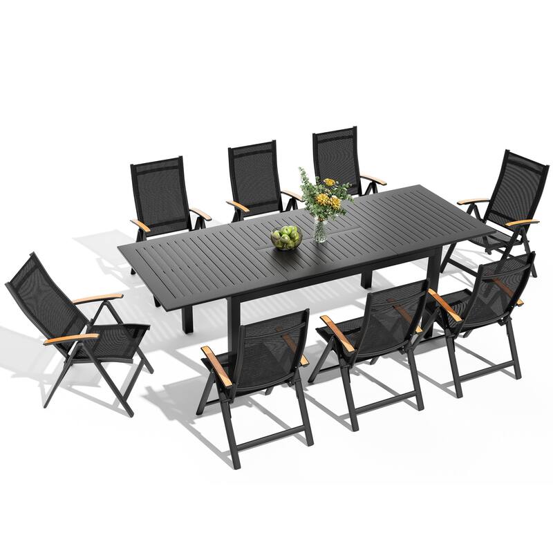 Outdoor Patio Dining Set Dining Extending Table Rectangular with Folding Chairs - Black