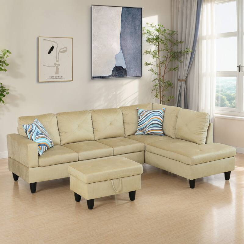 3-Piece Upholstered Sectional Sofa Set With Storage Ottoman