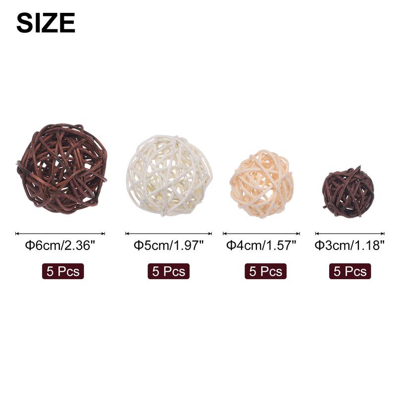 20 Pcs Vase Filler Decorative Balls, 2.4/2/1.6/1.2" Wicker Rattan Decor, Balls Bowl Fillers - Dark Brown/White/Beige/Coffee