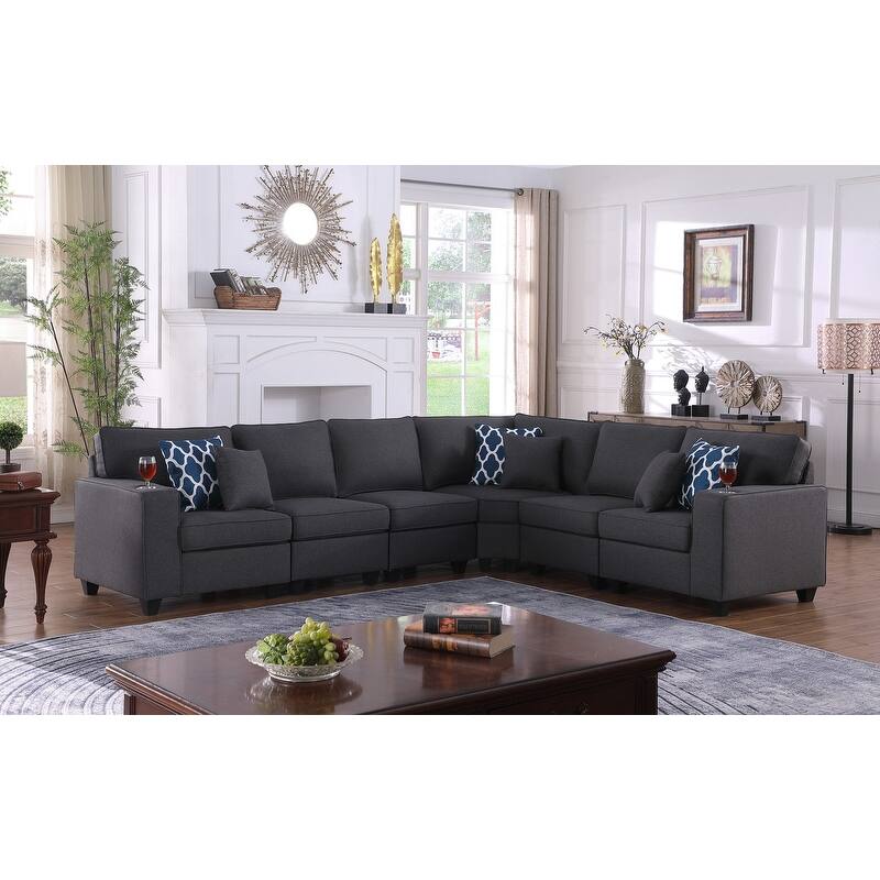 Cooper Linen 6Pc Reversible L-Shape Sectional Sofa with Cupholder