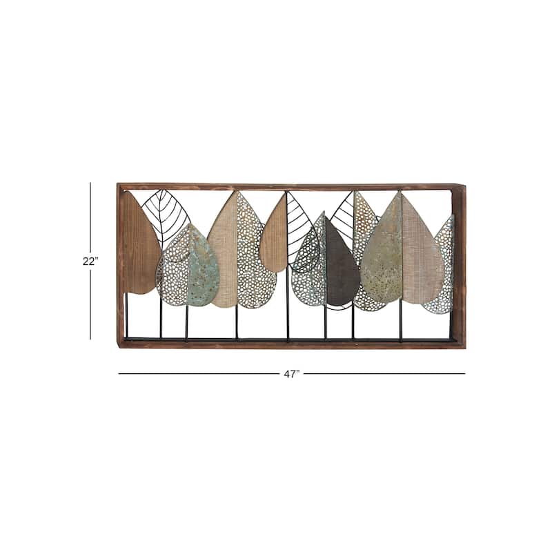 Wood Leaf Cutout Wall Decor with Green and Black Metal Wire Accents - Brown - Roche River Decor