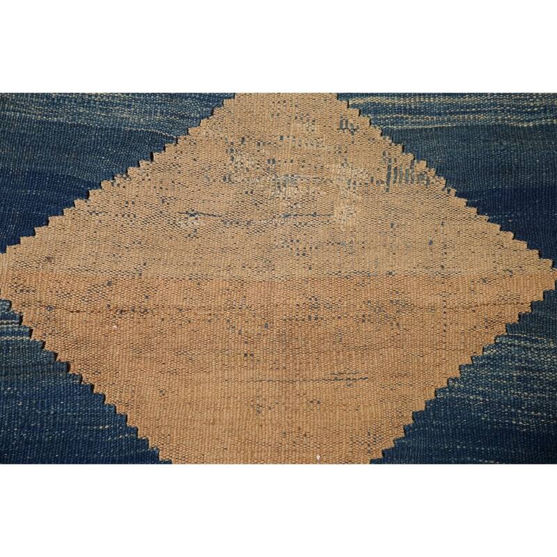 Blue Geometric Kilim Qashqai Persian Area Rug Flatweave Wool Carpet - 3'10" x 8'2"