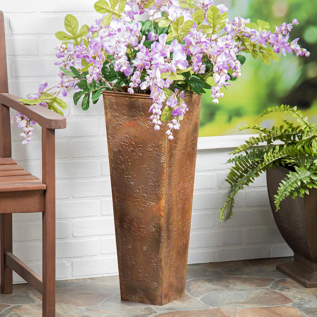 26 in. Burnt Copper Sunflowers Embossed Metal Front Door Planter