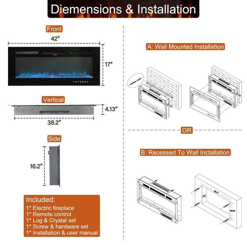 Clihome Ultra-thin Recessed Wall-Mounted Electric Fireplace