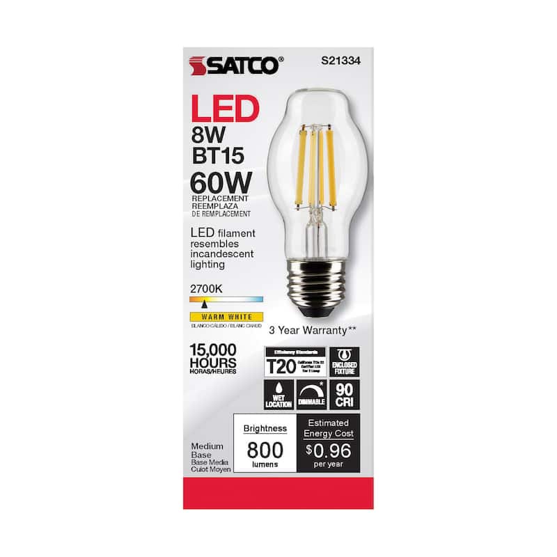 8 Watt BT15 LED - Clear - Medium base - 90 CRI - 2700K - 120 Volt