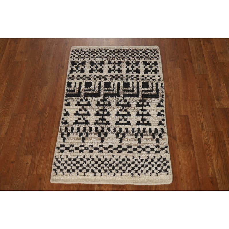 Geometric Moroccan Oriental Foyer Rug Handmade Beige Wool Carpet - 2'0"x 3'0"
