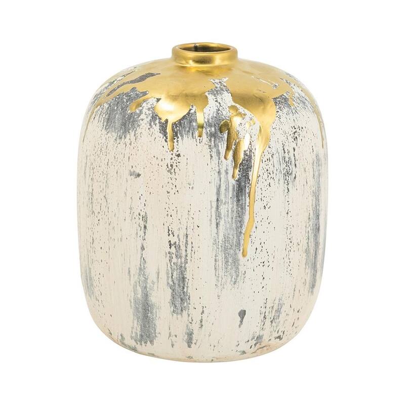 8" Gray Ivory And Gold Modern Abstract Ceramic Table Vase - 6.30