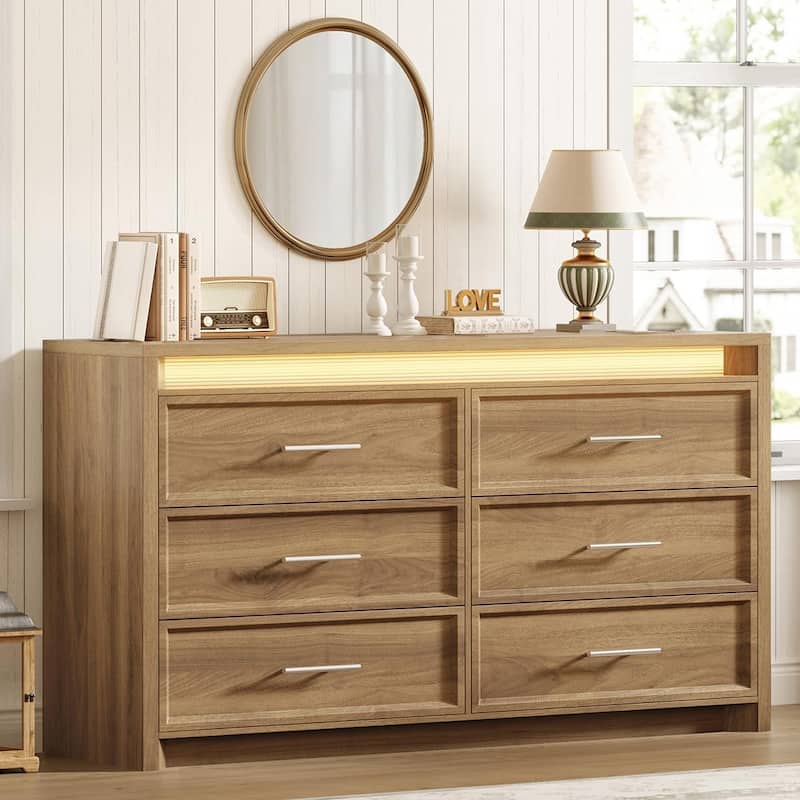 Dresser for Bedroom with Drawers Mid-Century Modern Dresser 3 Color Lights - Brown - 6-drawer
