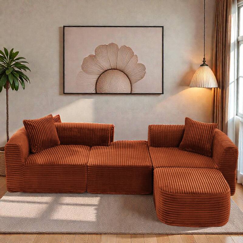 114" Cloud Sectional Couch with L Shape Chaise, Modular Corduroy Sofa with Movable Ottoman, No Assembly