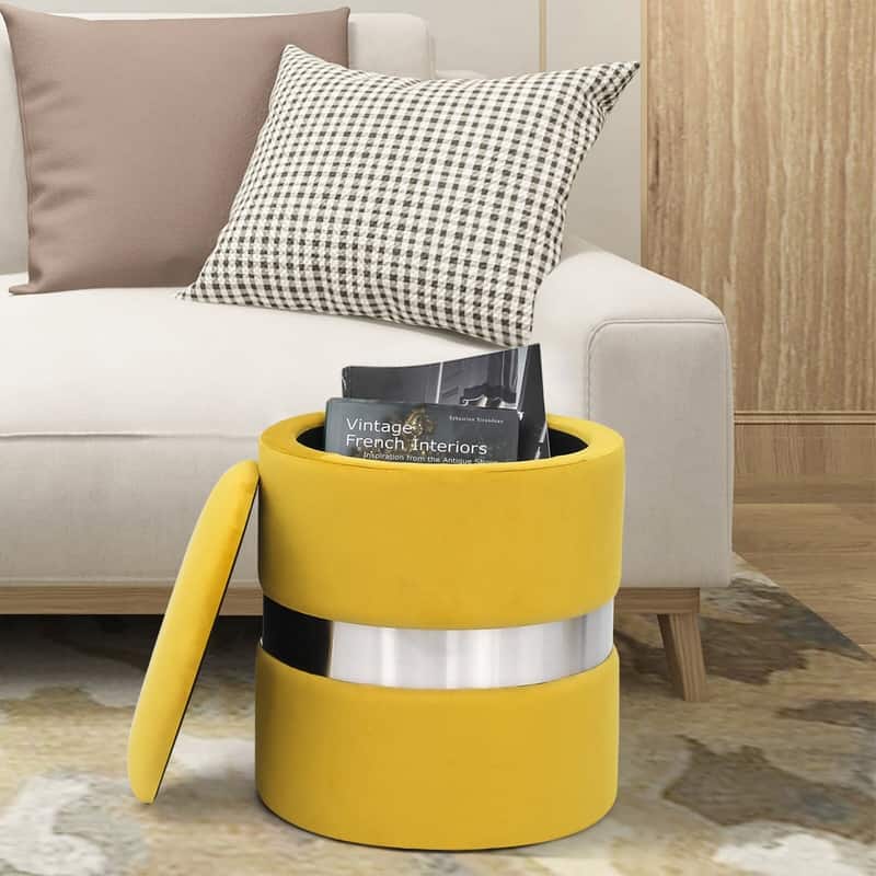 Adeco Set of 2 Velvet Storage Ottoman Round Foot Stool Metal Band