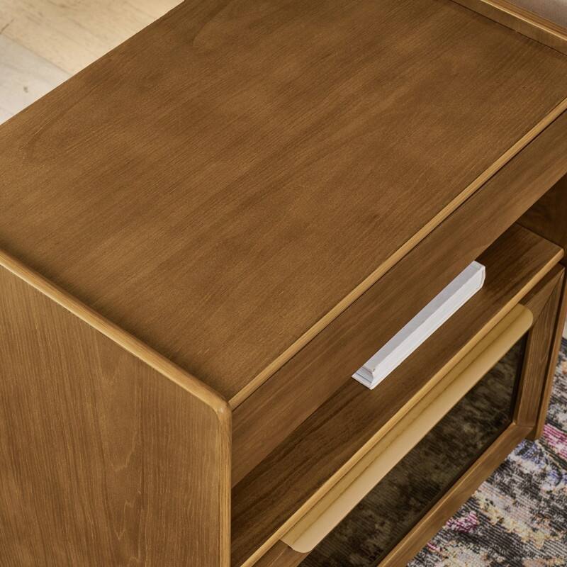 Mid Century Modern 2-Drawer Nightstand with Charging Station and Open Shelf for Bedroom Storage and Convenience