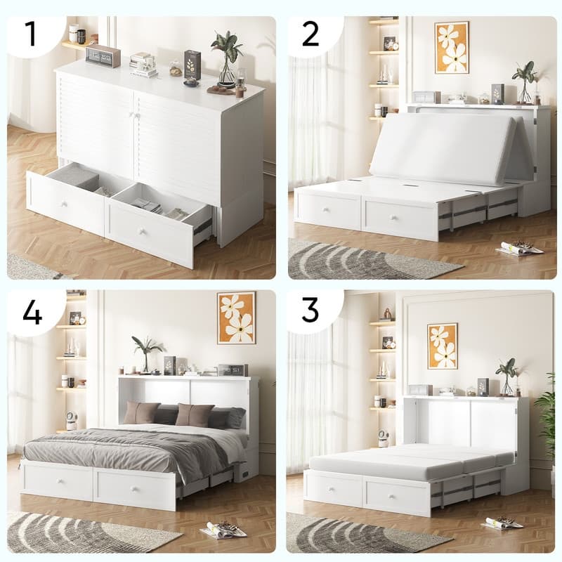 Mixoy Modern Queen Size Murphy Bed with 4.7''Mattress,USB ports,Storage Drawers