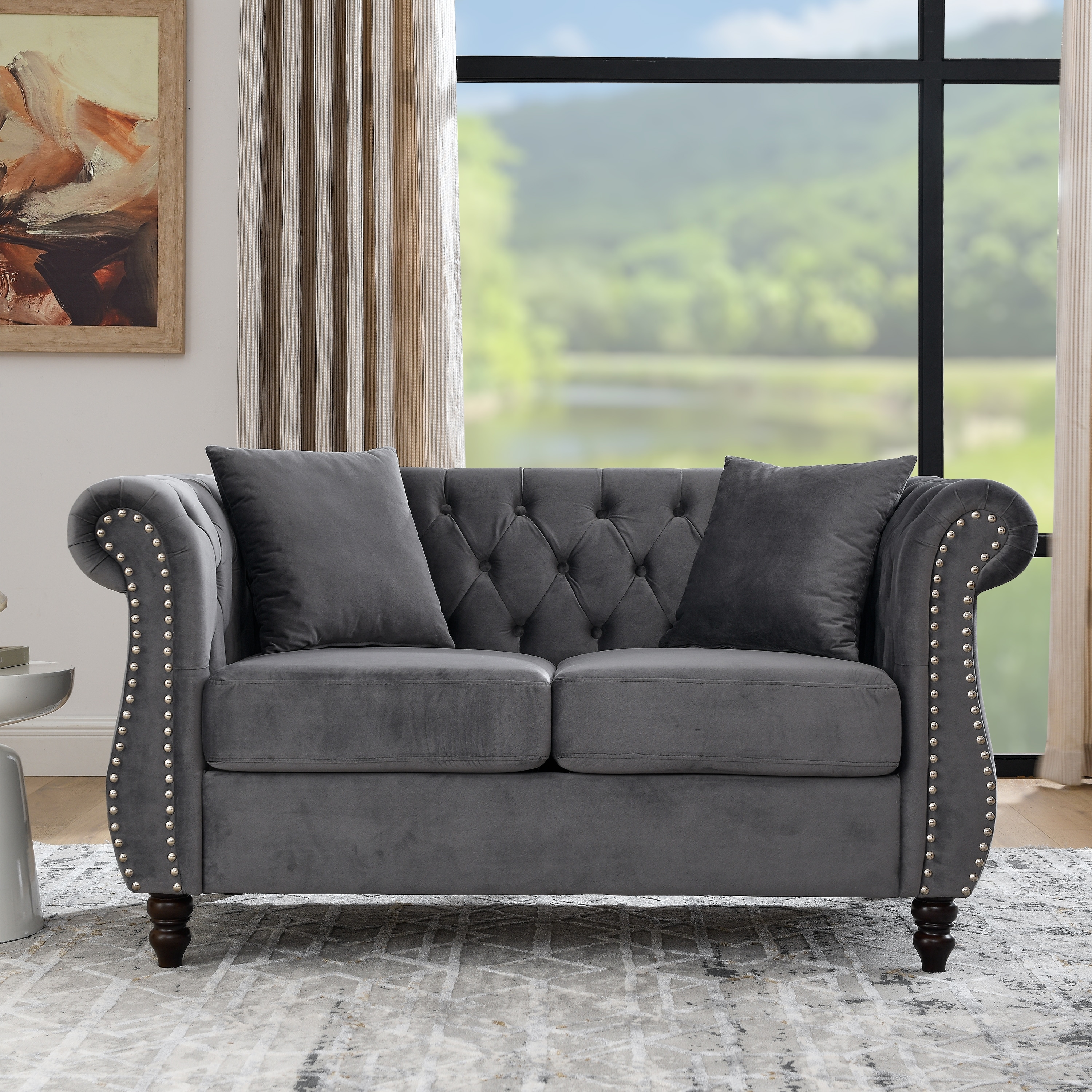 58.8-inch Chesterfield Velvet Loveseat with Rolled Arms, Nailheads and 2 Pillows