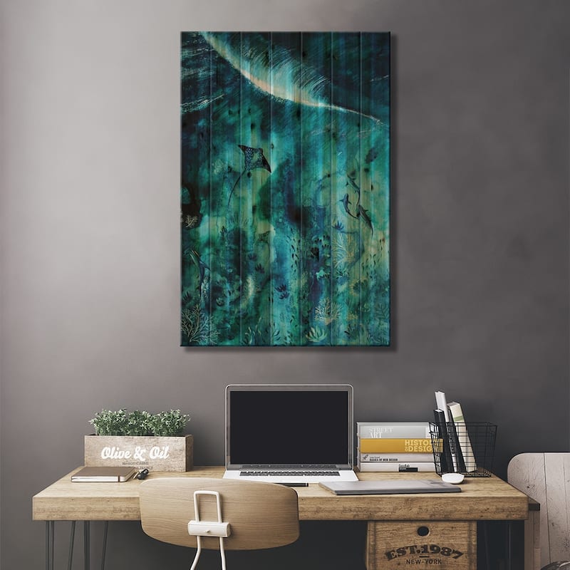 Manta Ray Reef Print On Wood by Karli Perold - Multi-Color