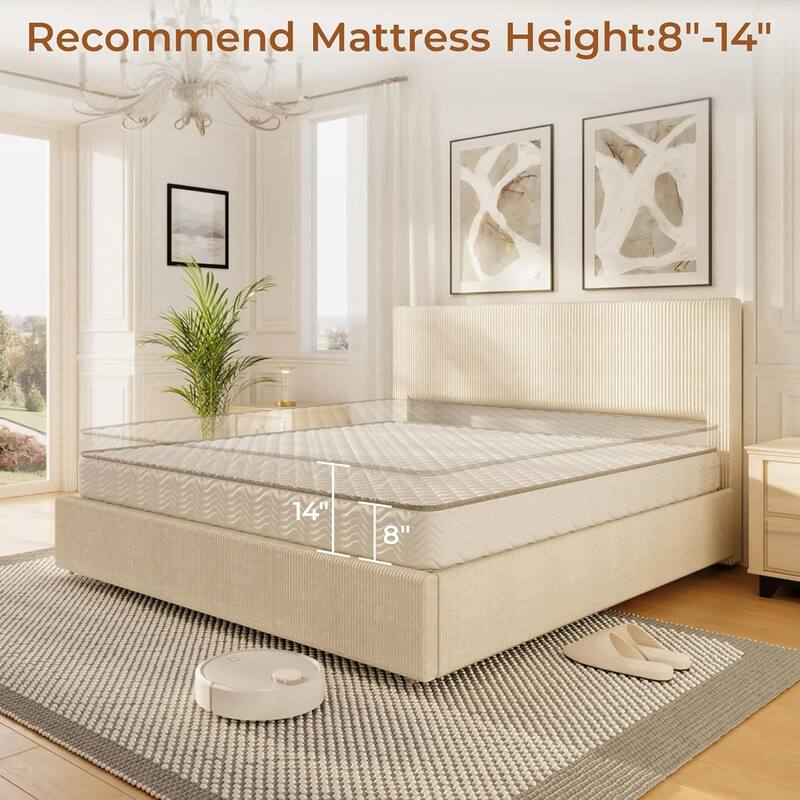 Platform Bed with 4 Storage Drawers, Tufted Wingback Upholstered Headboard, Strong Wood Slat Support