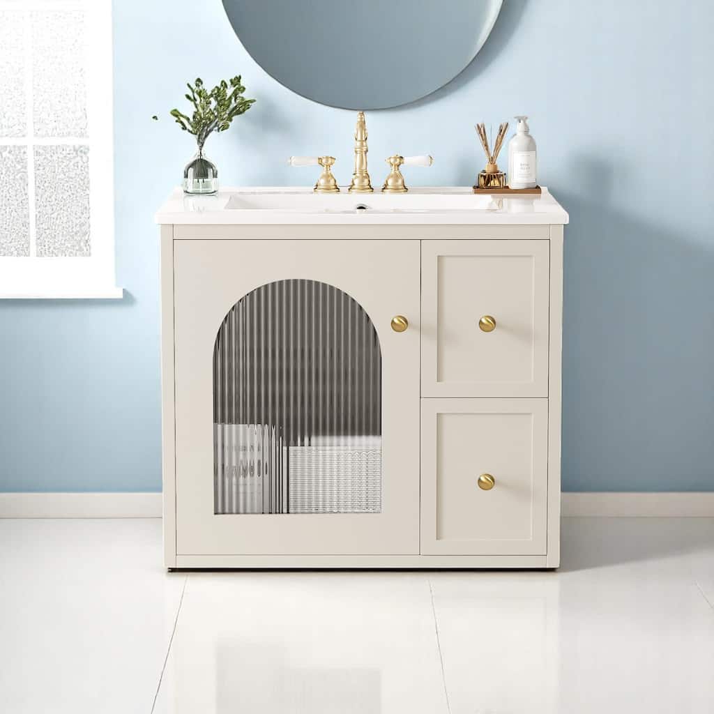 Modern 24 Inch Bathroom Vanity with Sink, Floating Cabinet with Storage Drawers and Glass-Door Compartment