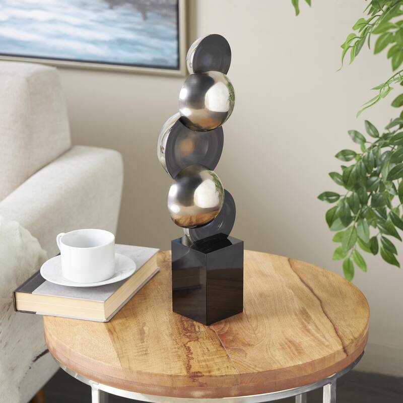 Glass Abstract Stacked Orb Decorative Sculpture with Black Base - Black or Silver - Roche River Decor
