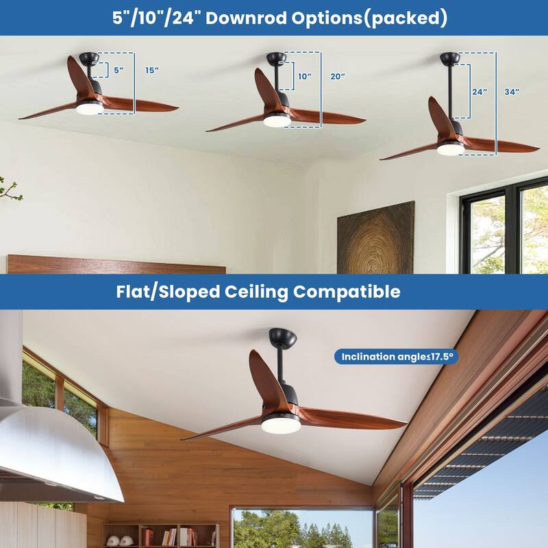 56 inch Wood Ceiling Fan Indoor w/Light and Remote Control 3 Wood Blades Bedroom - Blades Span 56 Inches