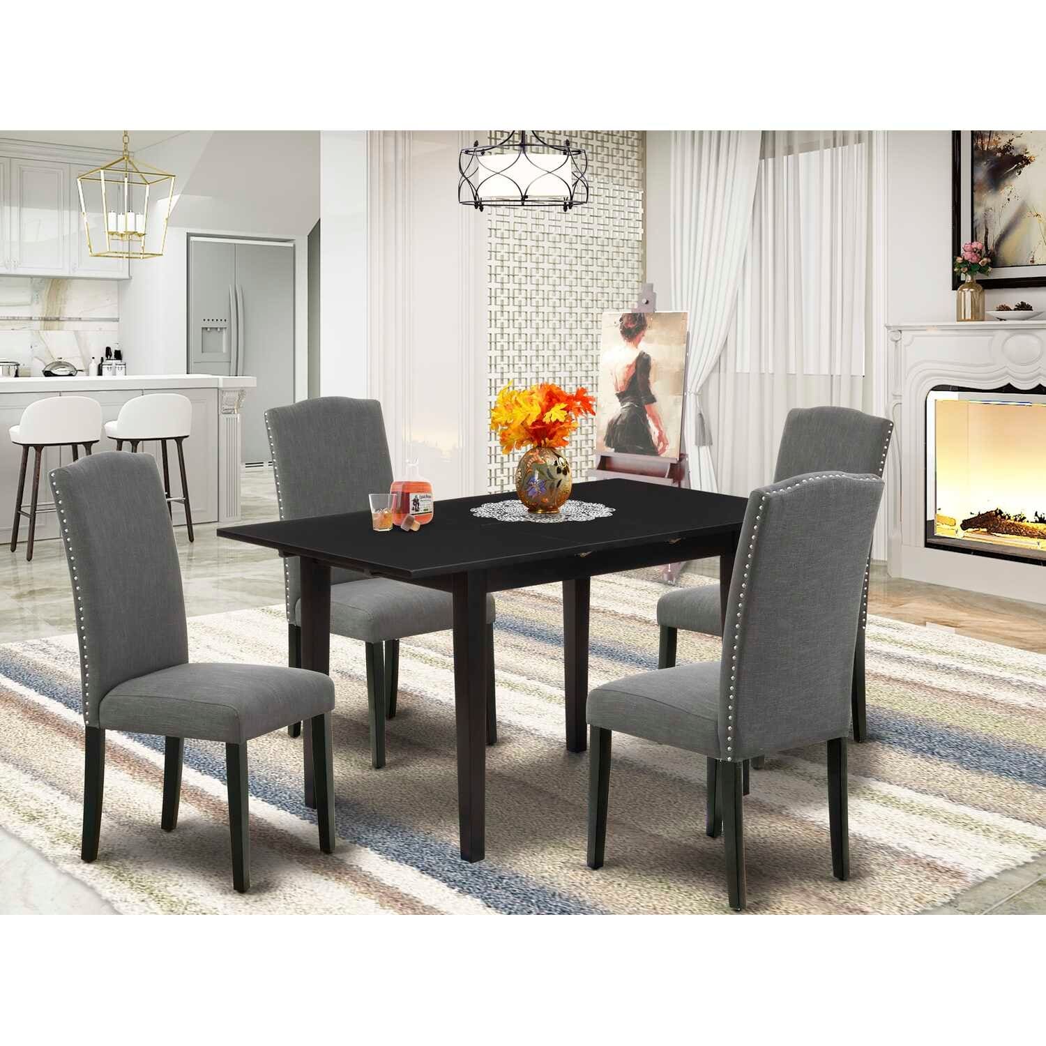 HomeStock 5-Pc Black Finish Solid Wood Top - Rectangular Upholstered Dining Room Set with Butterfly Leaf - Seats 4