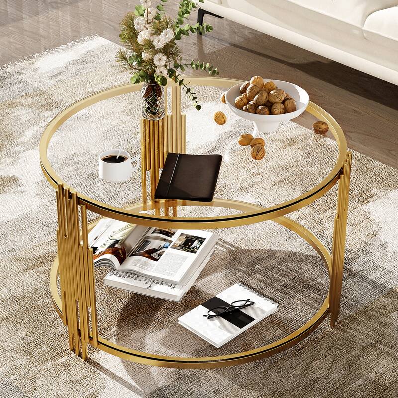 Modern Glass Coffee Table in 31.5", Asymmetrical Metal, Circular Metal Drum Base, Gold Finish & Lower Shelf