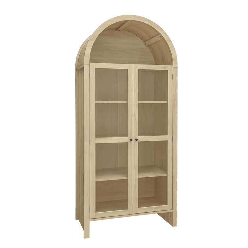 Roomfitters 70.28" Tall Arched Kitchen Pantry Cabinet, Modern Farmhouse Storage Cabinet with Glass Doors, Natural