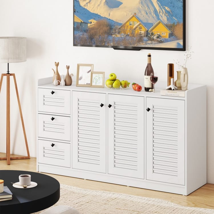 White Engineered Wood MDF Buffet Cabinet with Drawers, Shutter Doors and Storage - 63" x 16.5" x 36"