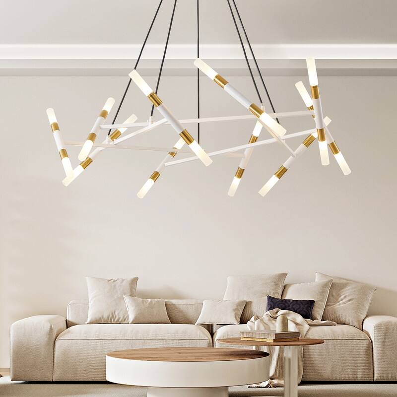 Modern Chandelier Light Fixture, Branch Design with Frosted Tubes, Black Cords, Adjustable Height Pendant Light for Dining Room