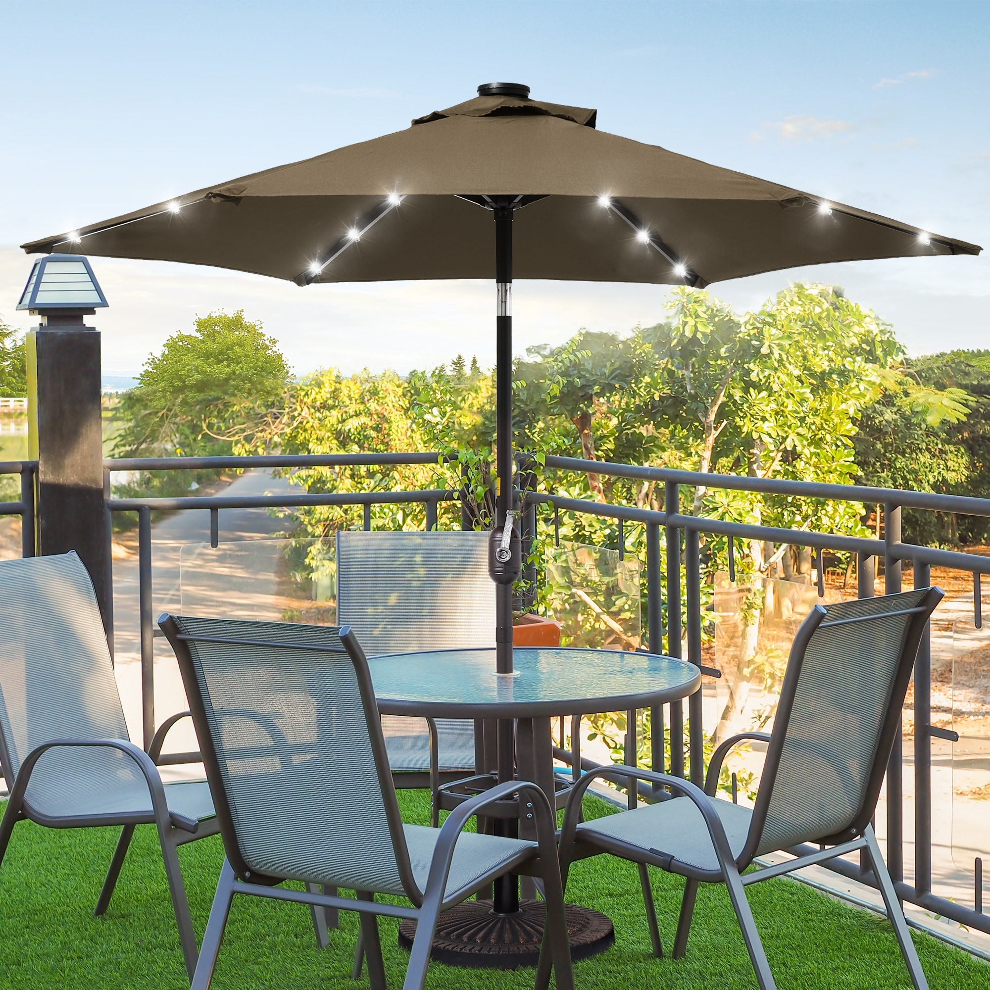 7 foot patio furniture umbrella with lights FLAME&SHADE Solar Centre Light, 7.5 FT Ivory Comfortably entertain outdoors 10/11/12ft Solar LED Round Cantilever